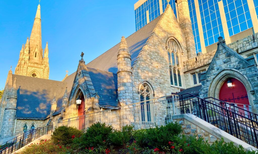 The stone church of Trinity Parish in Wilmington, Delaware, in morning light